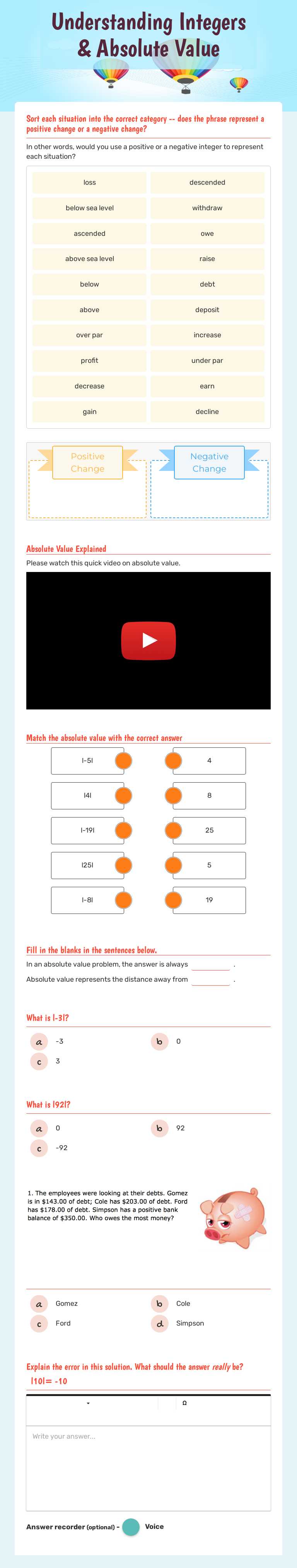 Understanding Integers & Absolute Value Grade 6 worksheet preview