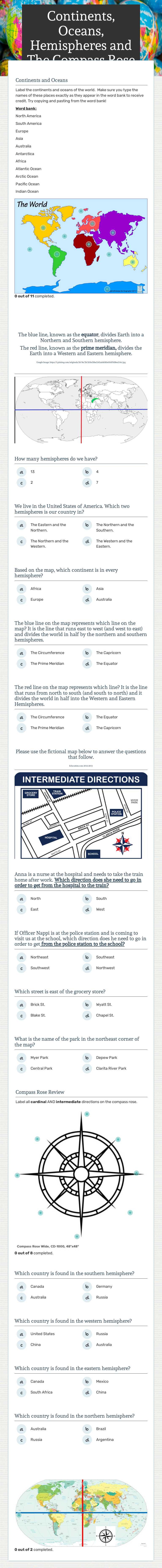 Continents, Oceans, Hemispheres and The Compass Rose worksheet preview image