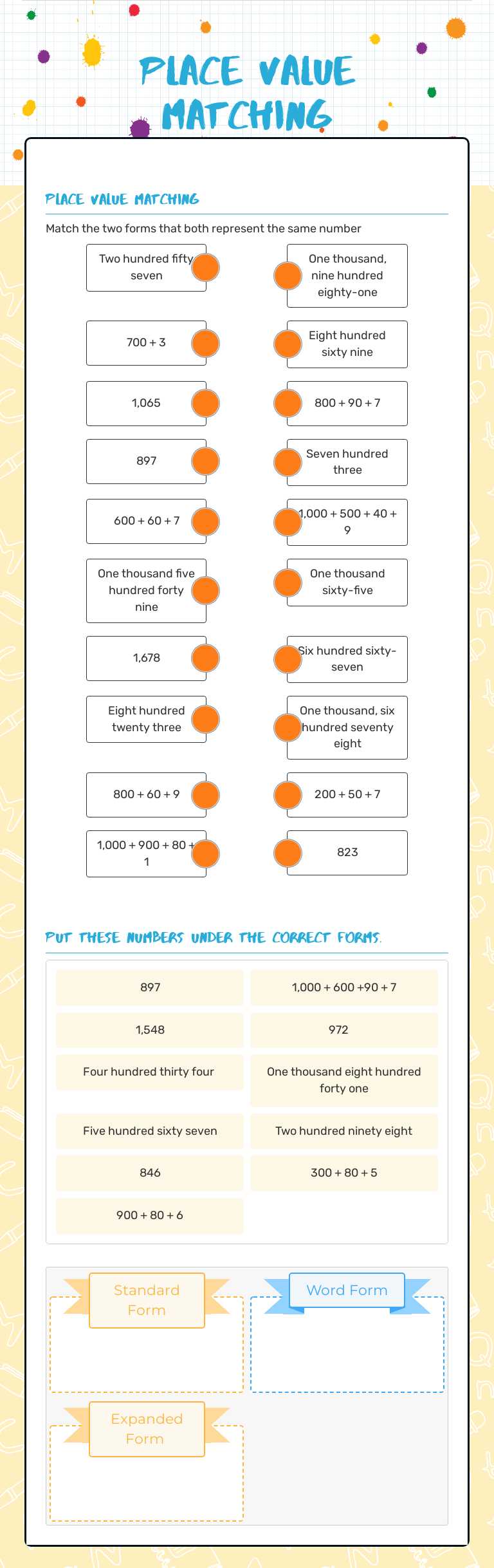 Place value matching Grade 2 worksheet preview