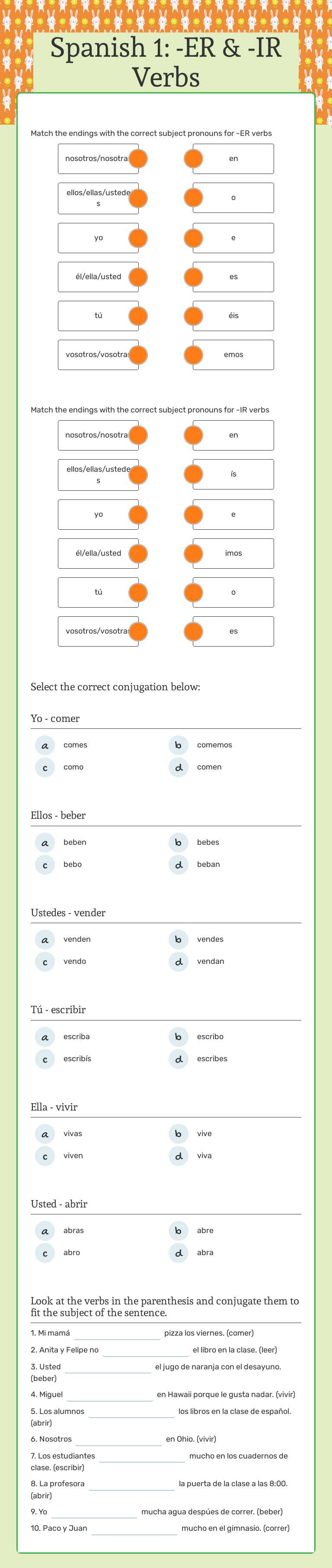 Spanish 1: -ER & -IR Verbs Grade 10 worksheet preview