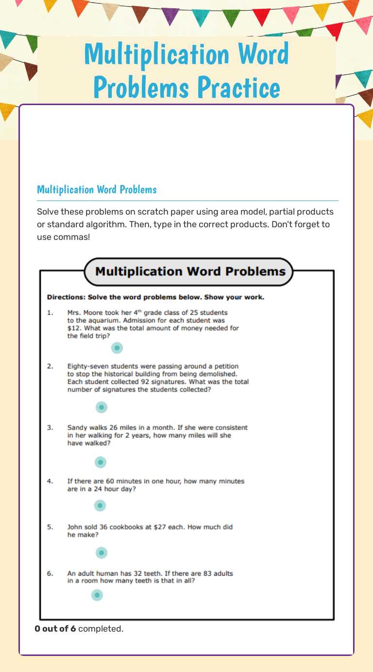Multiplication Word Problems Practice worksheet preview image