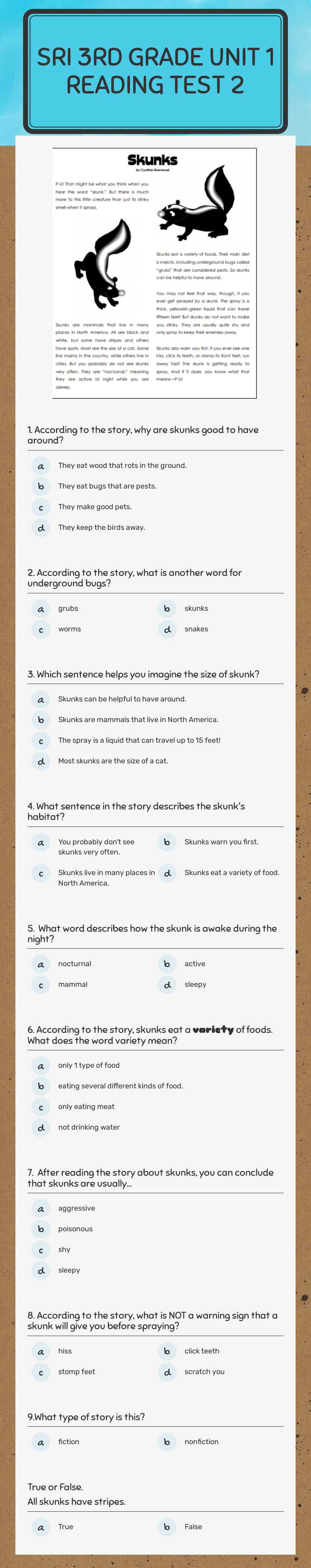 SRI 3rd grade
Unit 1 Reading test 2 worksheet preview image