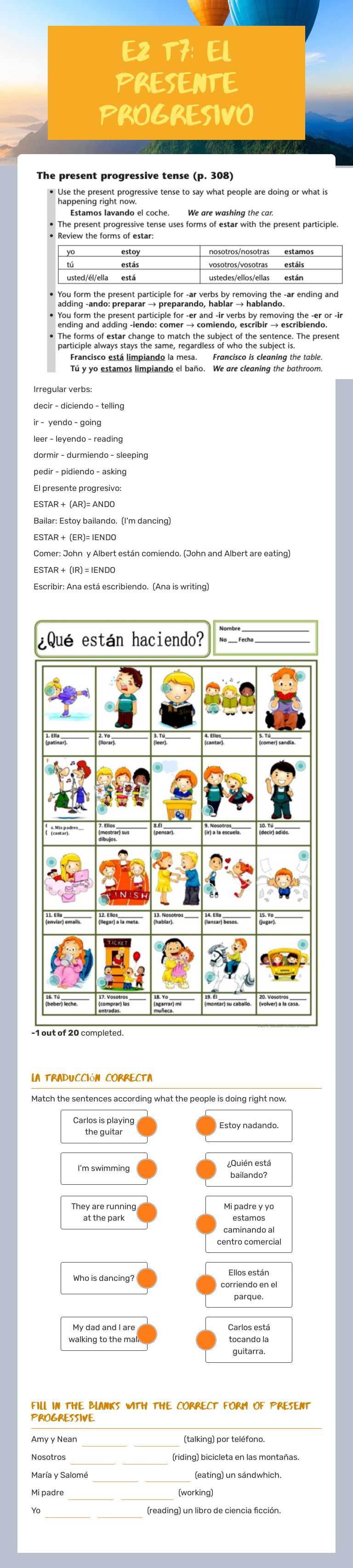 E2 T7:           
 EL PRESENTE PROGRESIVO worksheet preview image