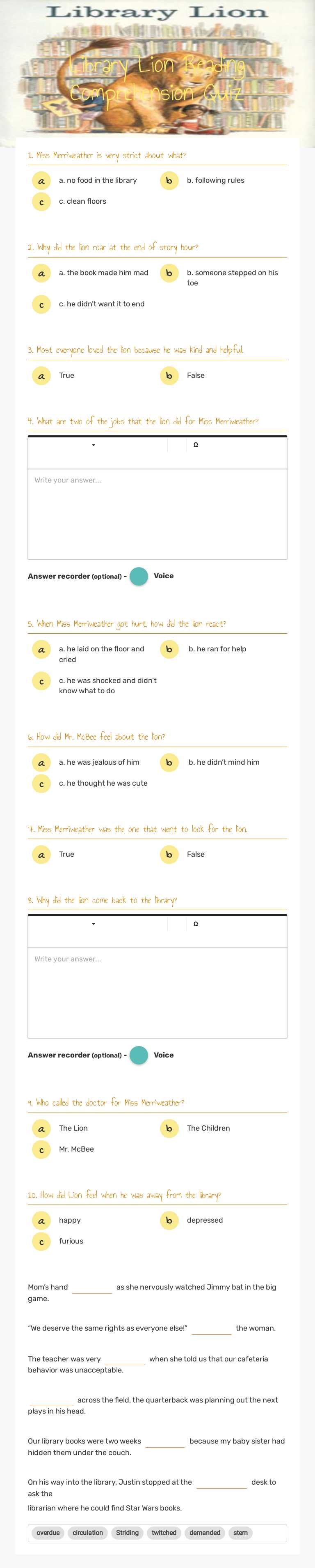 Library Lion Reading Comprehension Quiz worksheet preview image