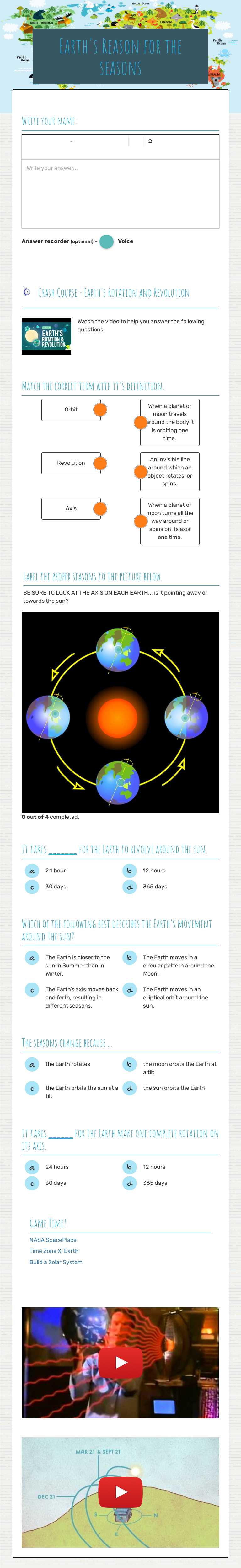 Earth's Reason for the seasons worksheet preview image