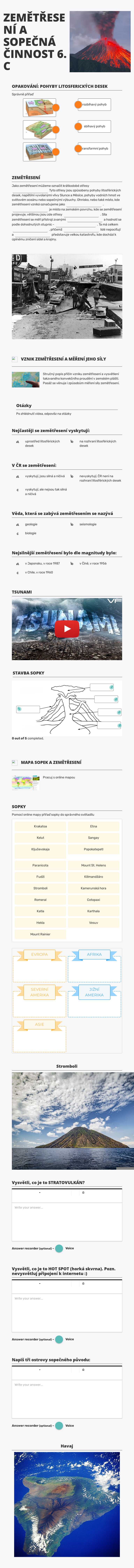 ZEMĚTŘESENÍ A SOPEČNÁ ČINNOST 6. C worksheet preview image