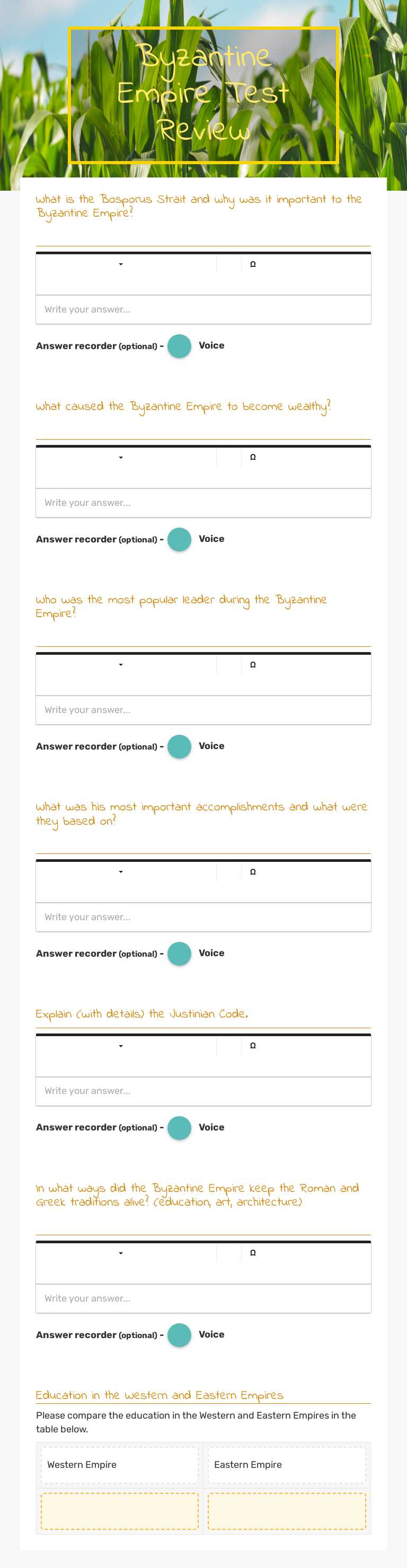 Byzantine Empire Test Review worksheet preview image