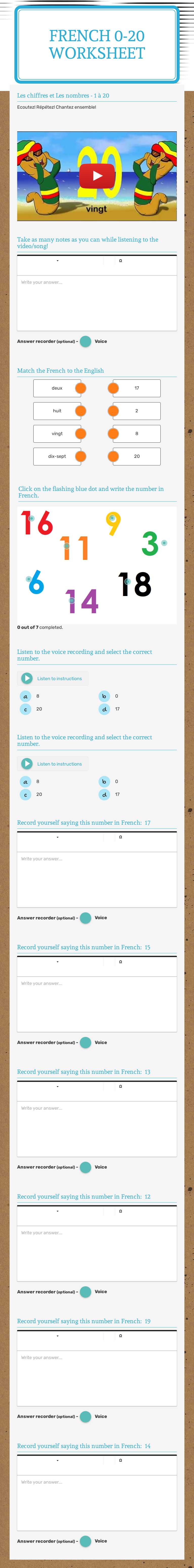 French 0-20 Worksheet worksheet preview image