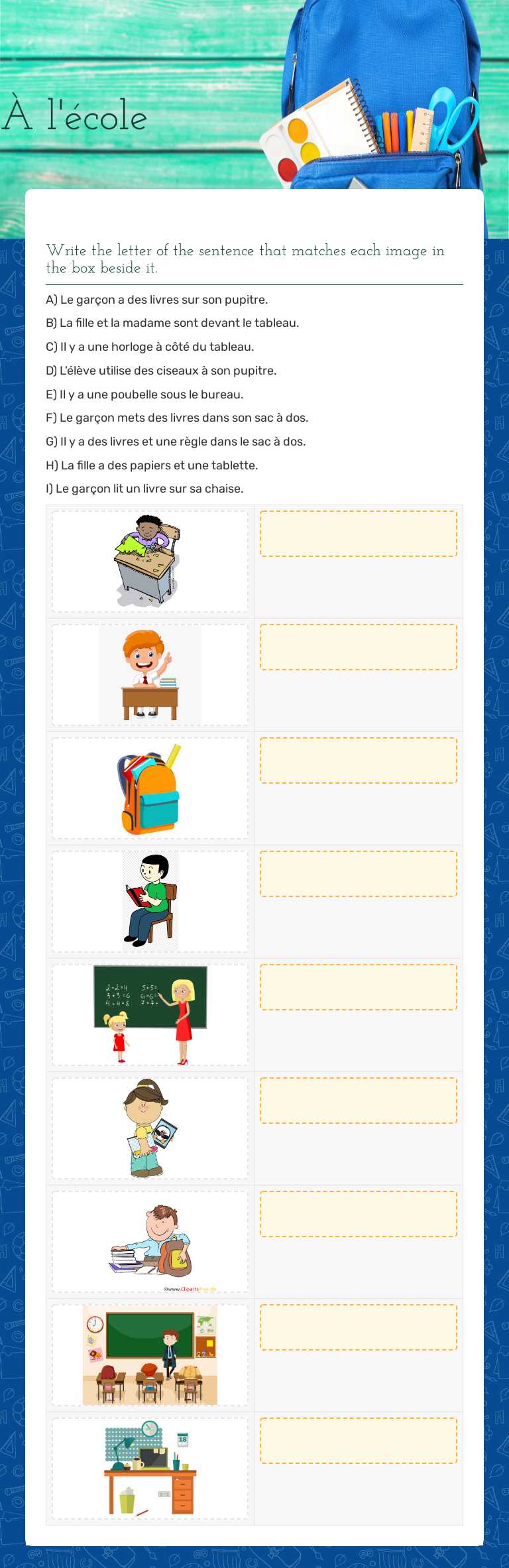 À l'école worksheet preview image