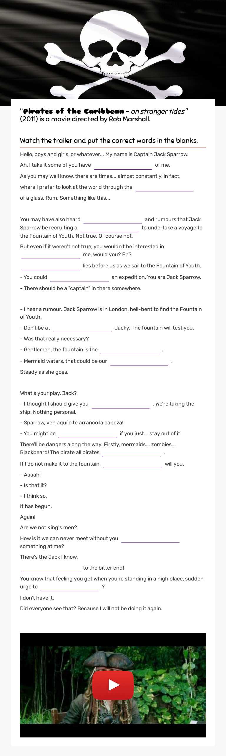 Pirates of the CaribBean worksheet preview