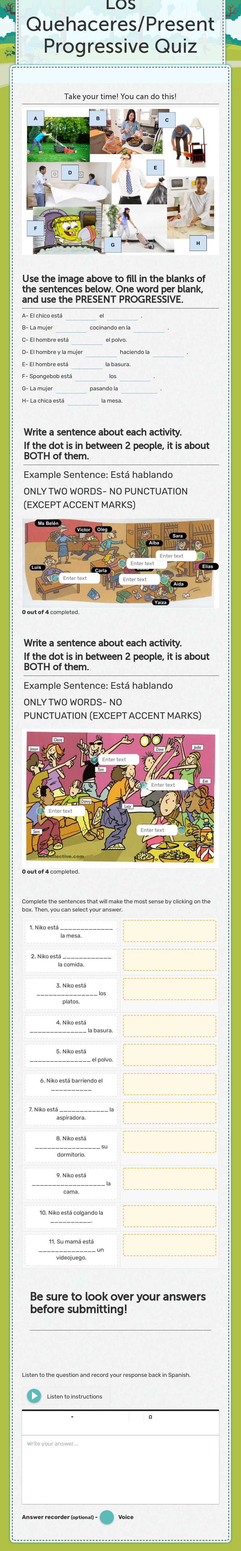 Los Quehaceres/Present Progressive Quiz worksheet preview image