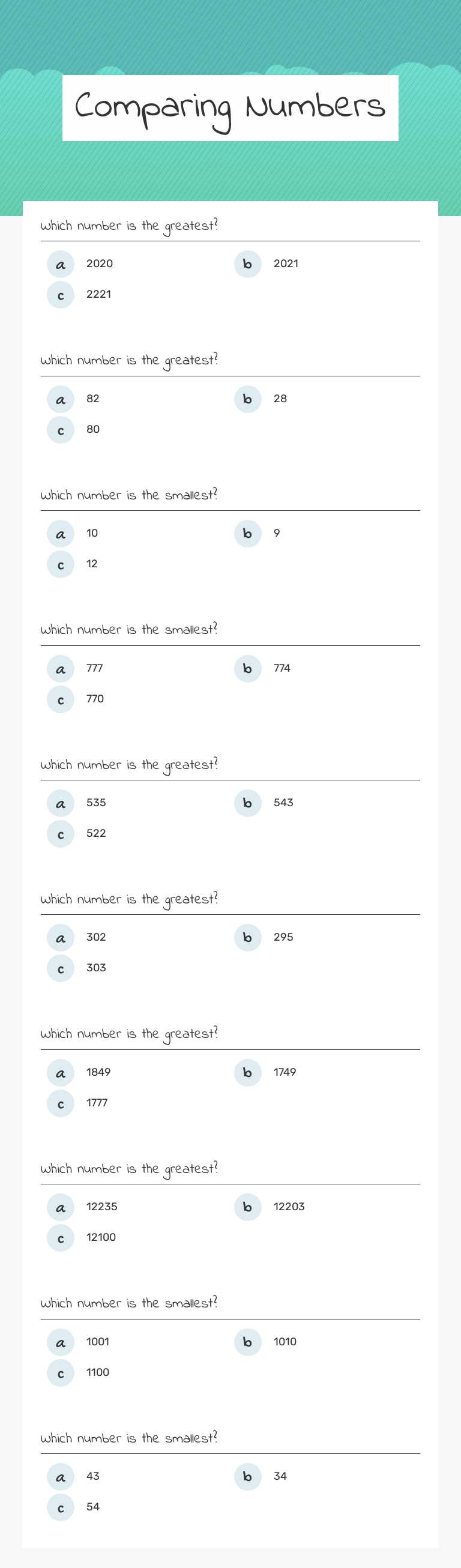 Comparing  Numbers worksheet preview image