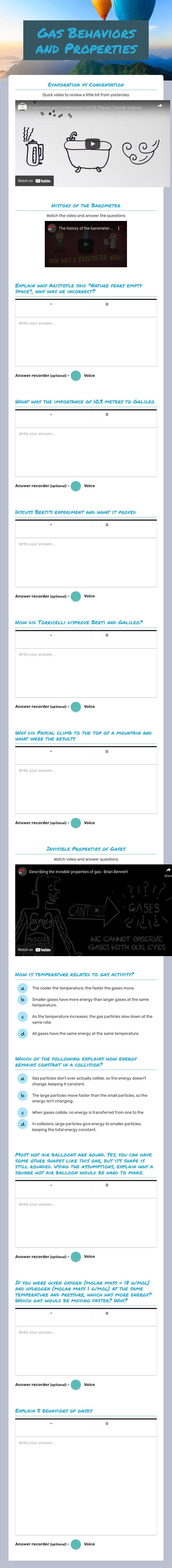 Gas Behaviors and Properties Grade 10 worksheet preview