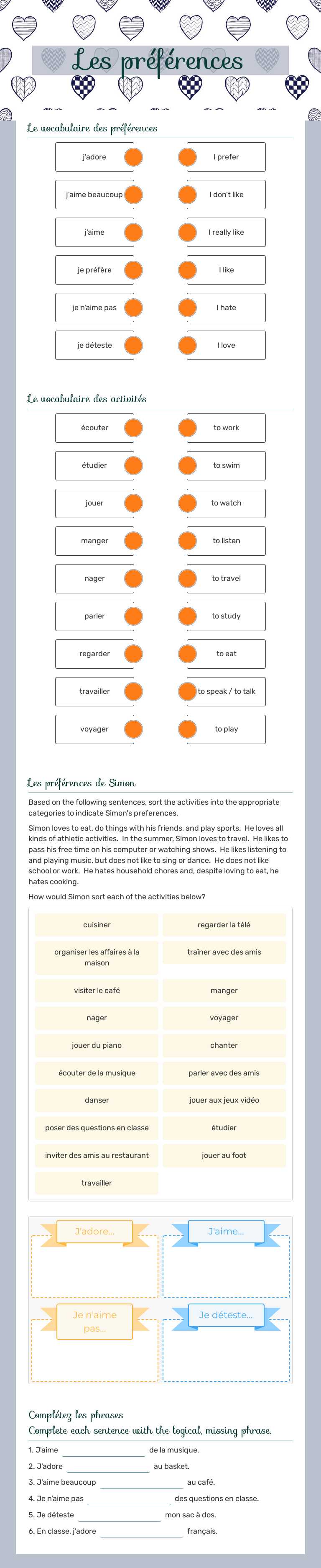 Les préférences worksheet preview image