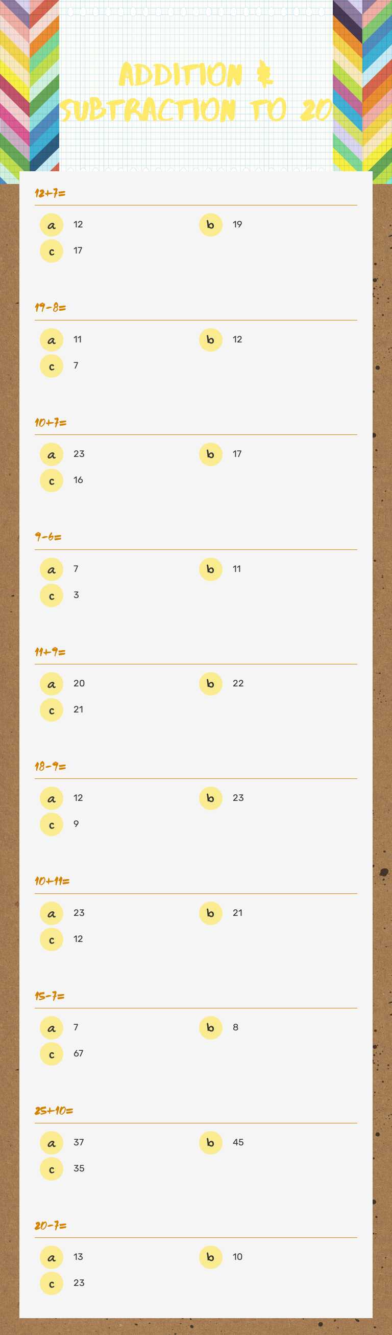Addition & Subtraction to 20 worksheet preview image