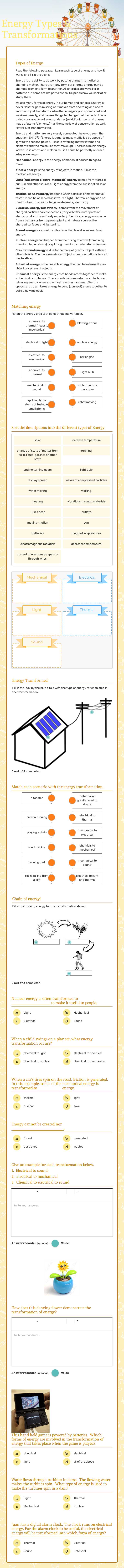 Energy Types & Transformations worksheet preview image