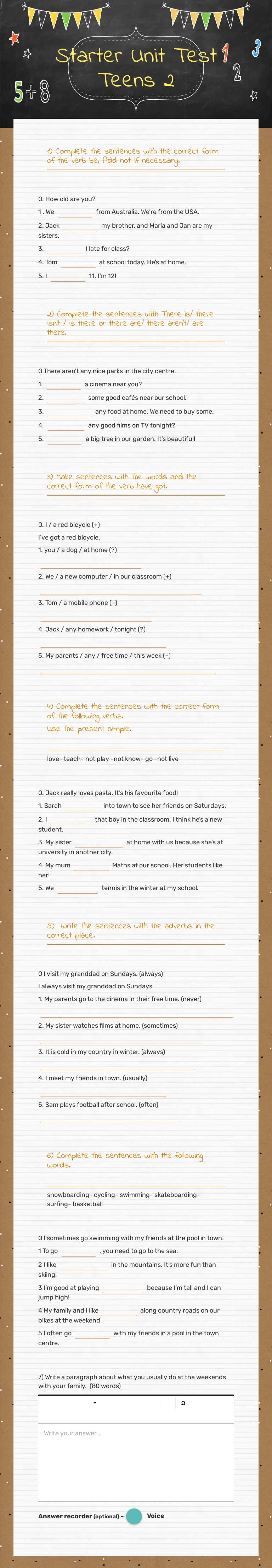 Starter Unit Test Teens 2 Other worksheet preview