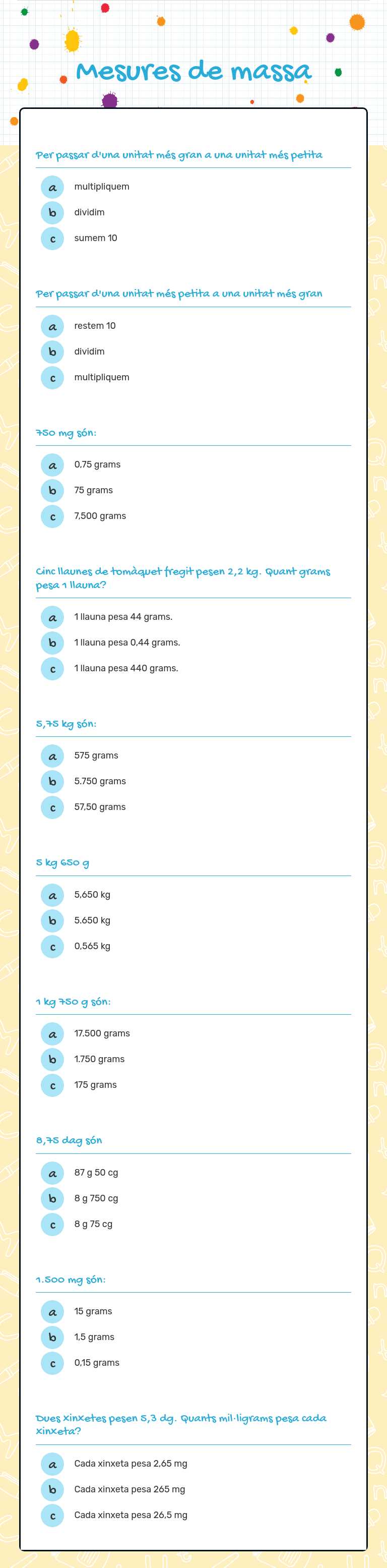 Mesures de massa worksheet preview image