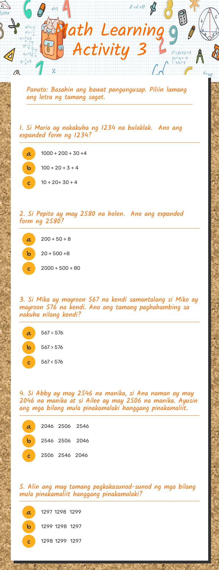 Math Learning Activity 3 worksheet preview image