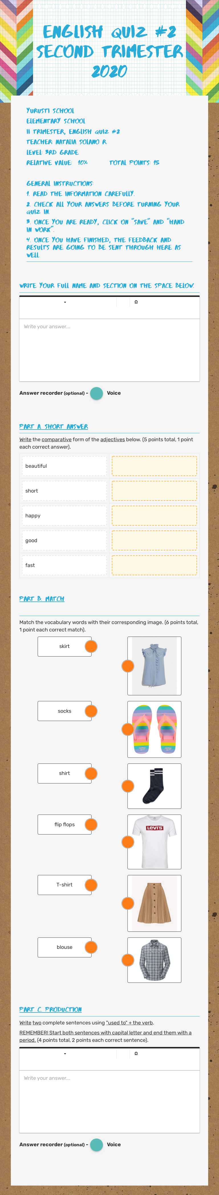 English Quiz #2     Second Trimester 2020 Grade 3 worksheet preview