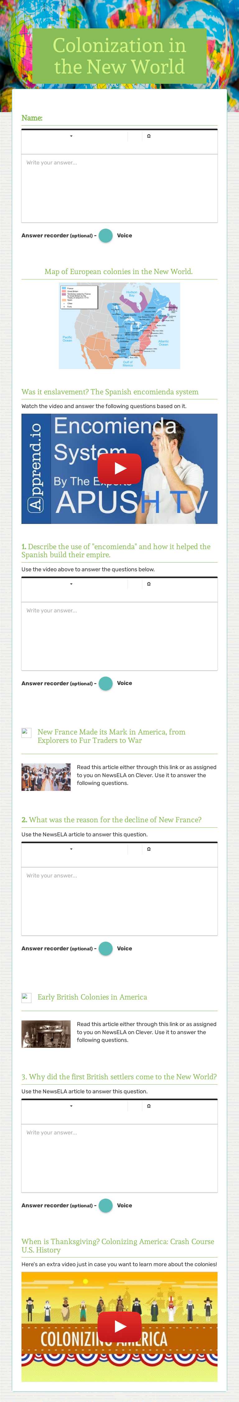 Colonization in the New World worksheet preview image