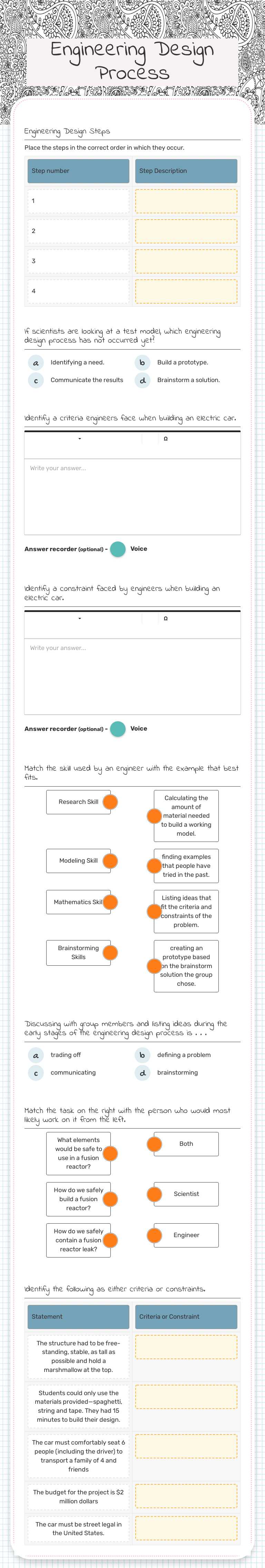 Engineering Design Process worksheet preview image