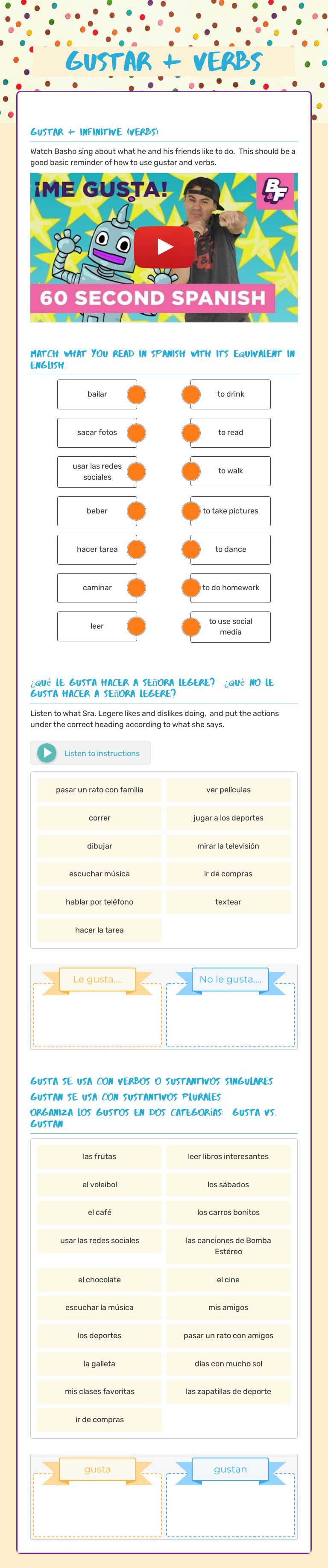 gustar + verbs Grade 7 worksheet preview