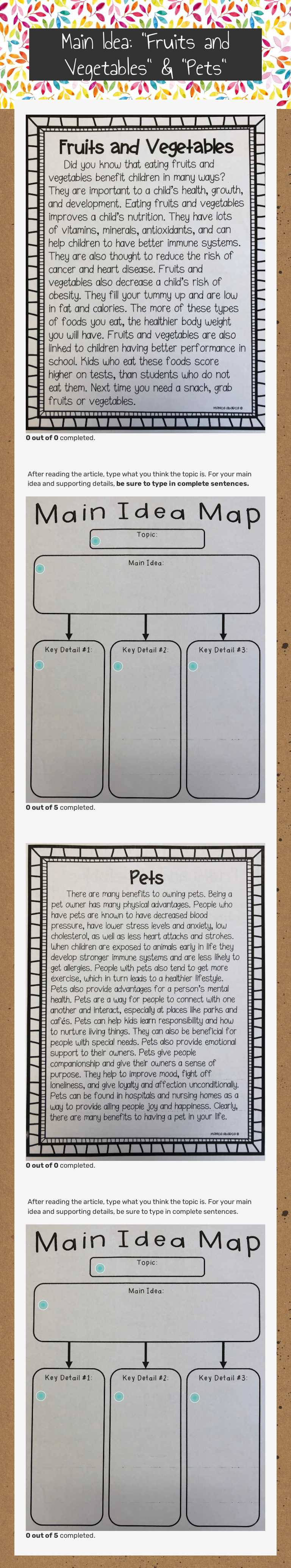 Main Idea: "Fruits and Vegetables" & "Pets" worksheet preview image