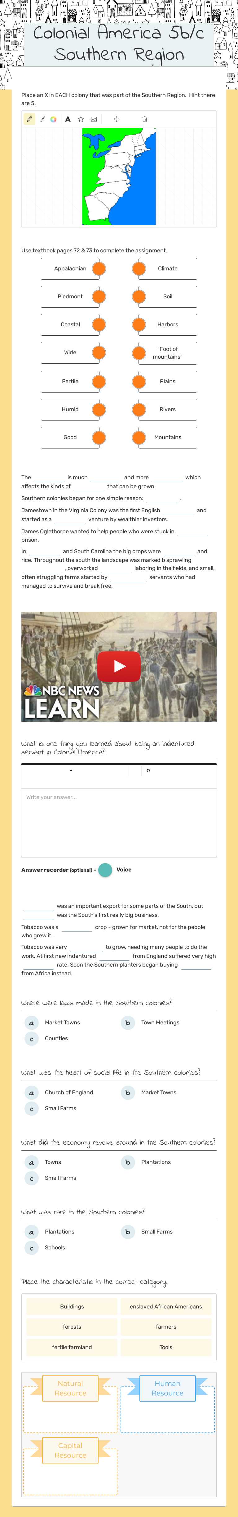 Colonial America 5b/c Southern Region worksheet preview image