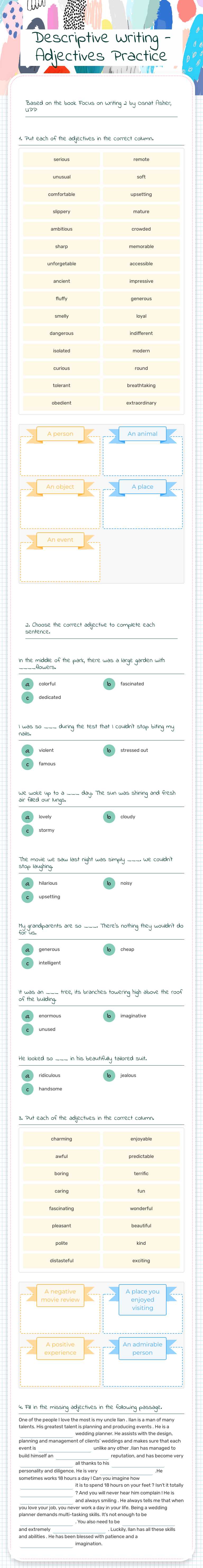 Descriptive Writing -Adjectives Practice Grade 10 worksheet preview