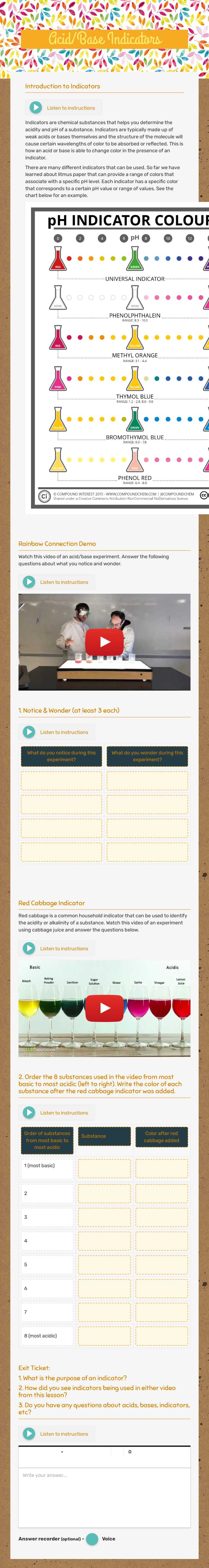 Acid/Base Indicators worksheet preview image