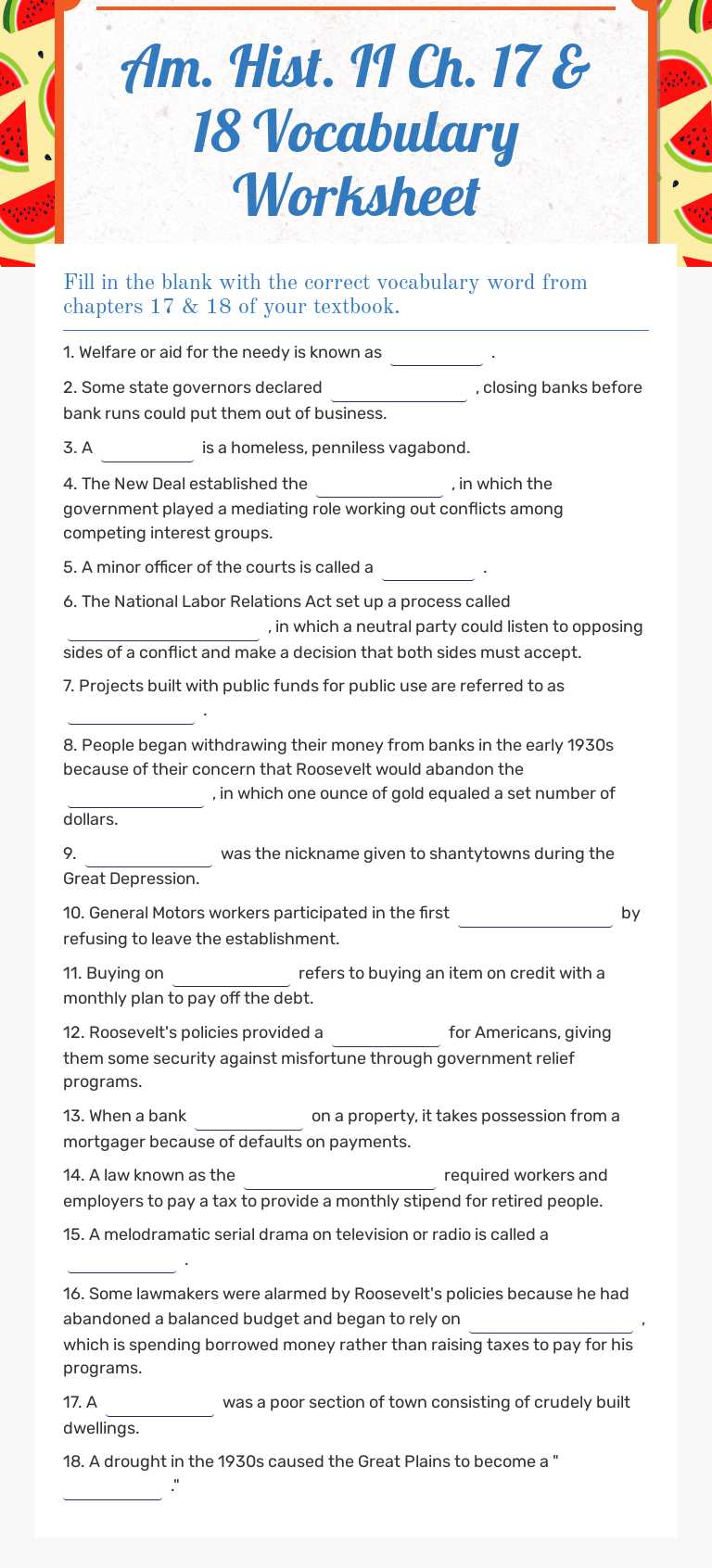 Am. Hist. II
Ch. 17 & 18 Vocabulary Worksheet worksheet preview image