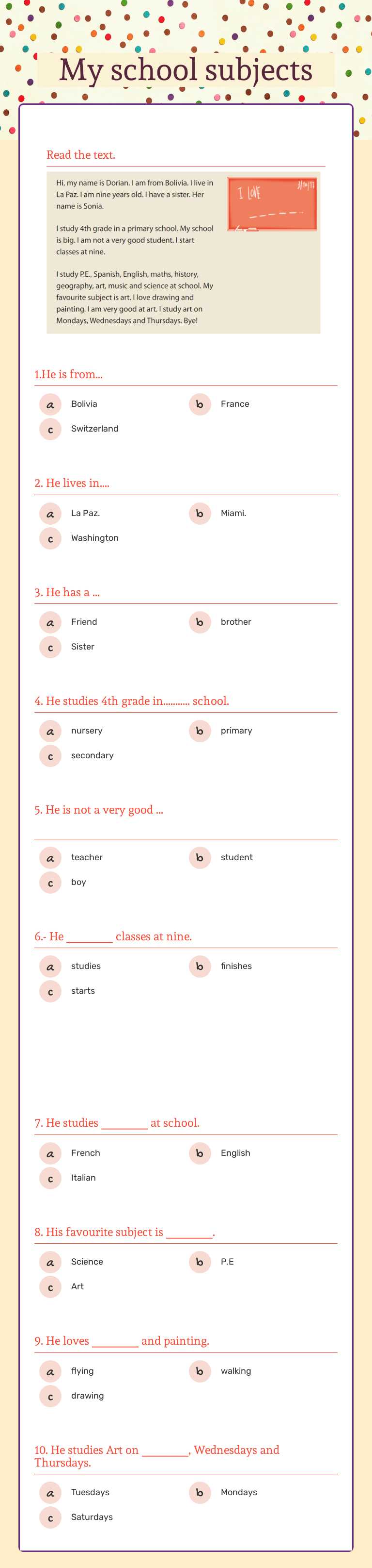 My school subjects Grade 4 worksheet preview