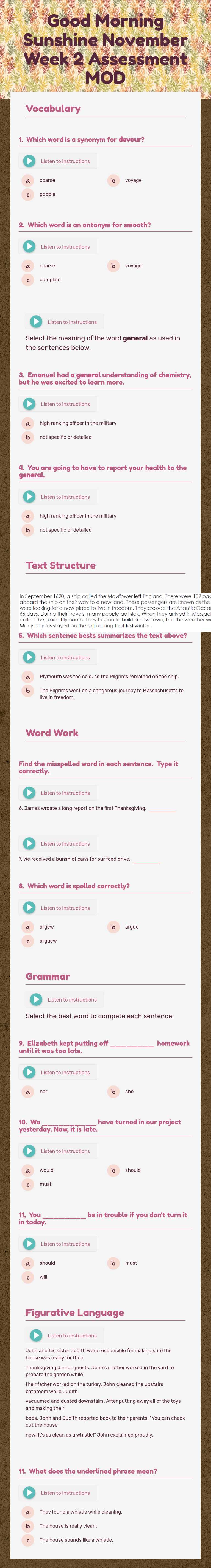 Good Morning Sunshine November Week 2 Assessment MOD worksheet preview image