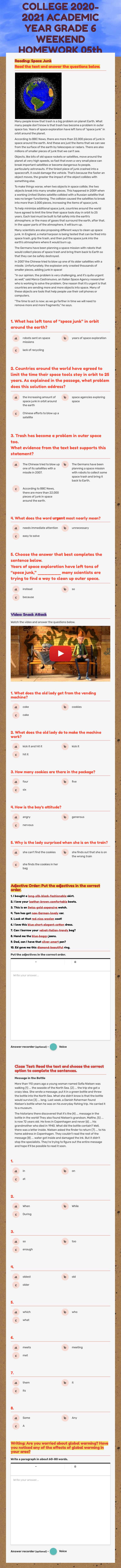 TED ANTALYA COLLEGE 2020-2021 ACADEMIC YEAR GRADE 6 WEEKEND HOMEWORK 05th March,2021 worksheet preview image