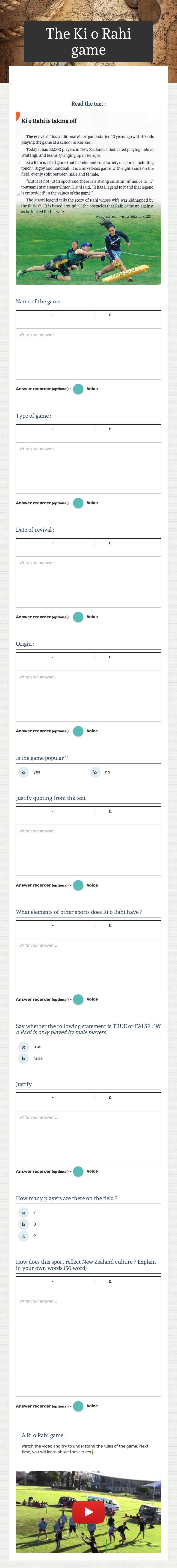 The Ki o Rahi game Grade 10 worksheet preview