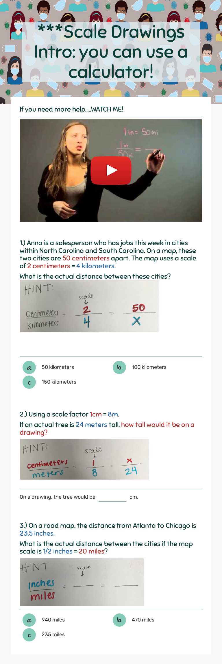 ***Scale Drawings Intro: you can use a calculator! worksheet preview image