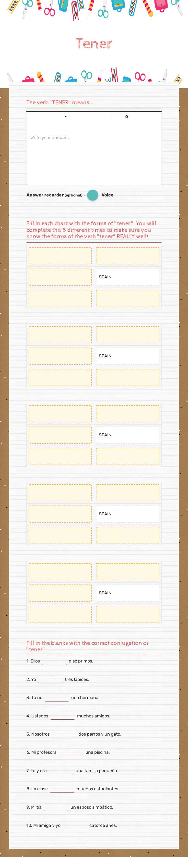 Tener worksheet preview image