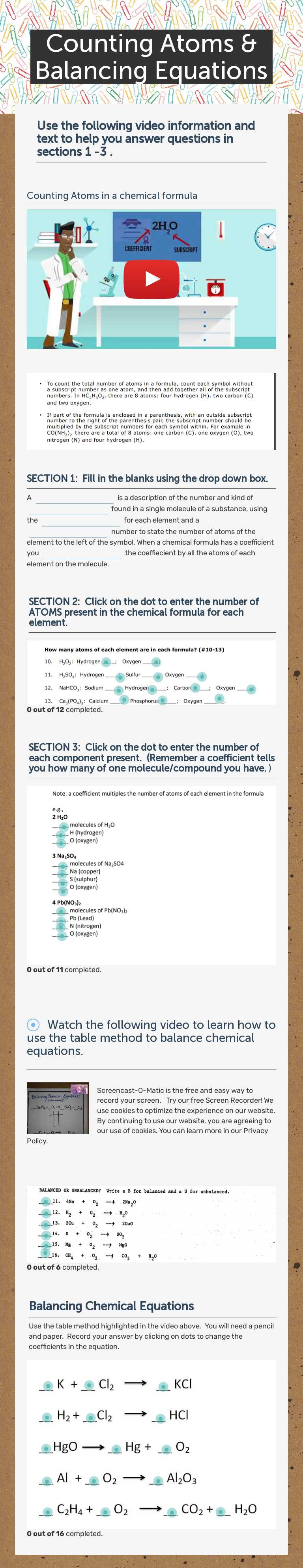 Counting Atoms &  Balancing Equations worksheet preview image
