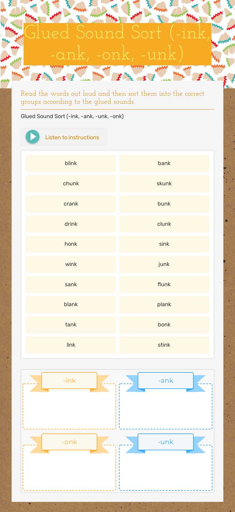 Glued Sound Sort      (-ink, -ank, -onk, -unk) worksheet preview image