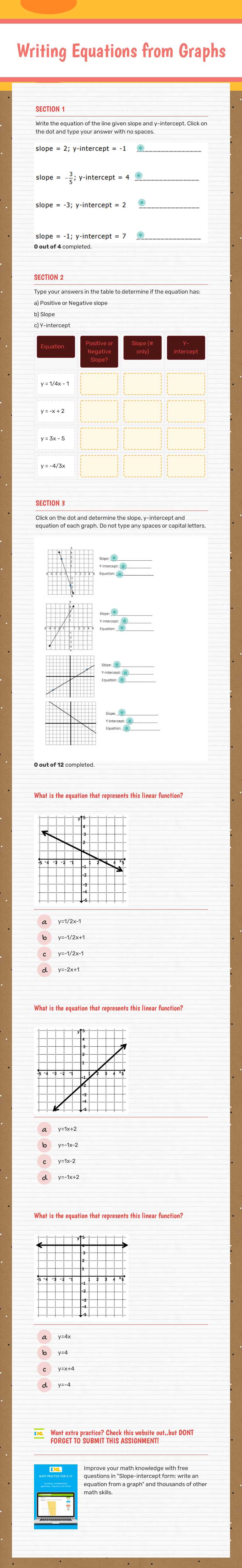 Writing Equations from Graphs worksheet preview image