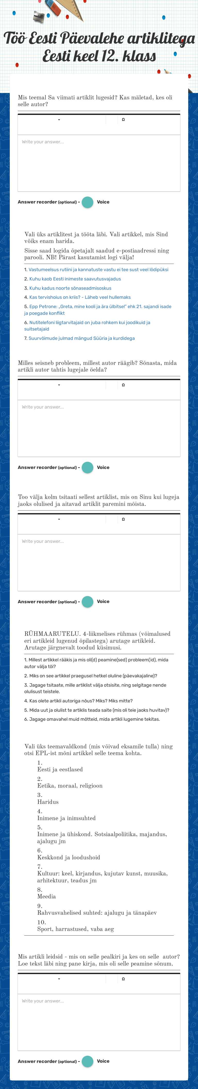 Töö Eesti Päevalehe artiklitega
 Eesti keel 12. klass worksheet preview image