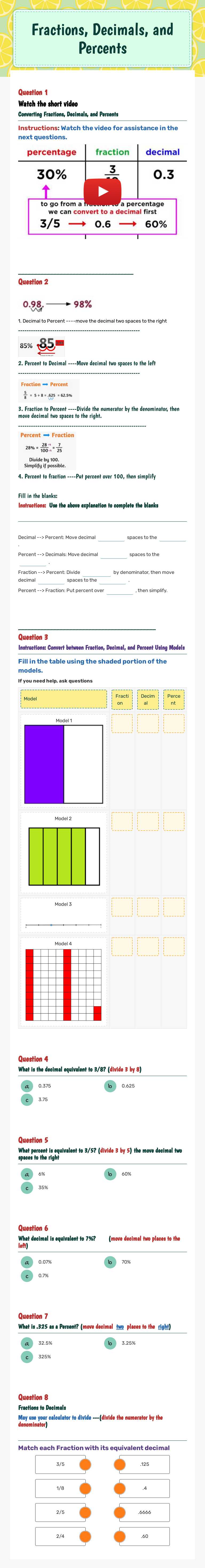 Fractions, Decimals, and Percents worksheet preview image