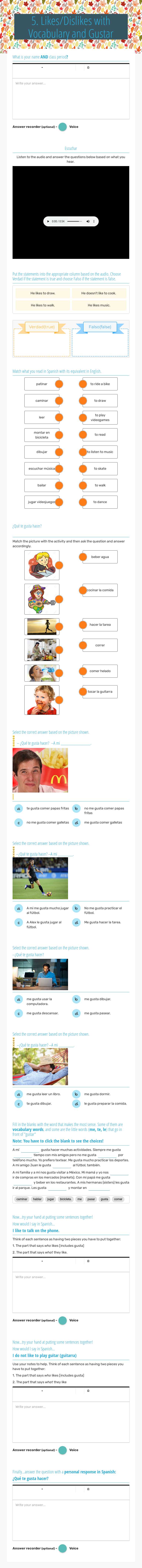 5. Likes/Dislikes with Vocabulary and Gustar worksheet preview image
