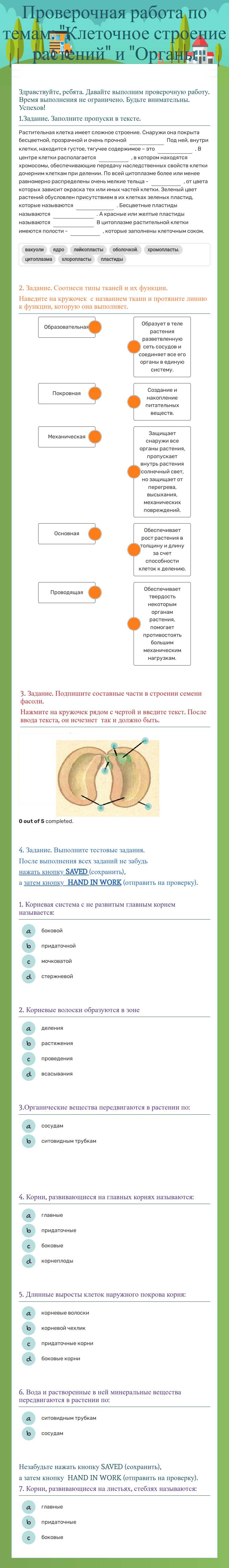 Проверочная работа по темам: "Клеточное строение растений" и "Органы растений". worksheet preview image