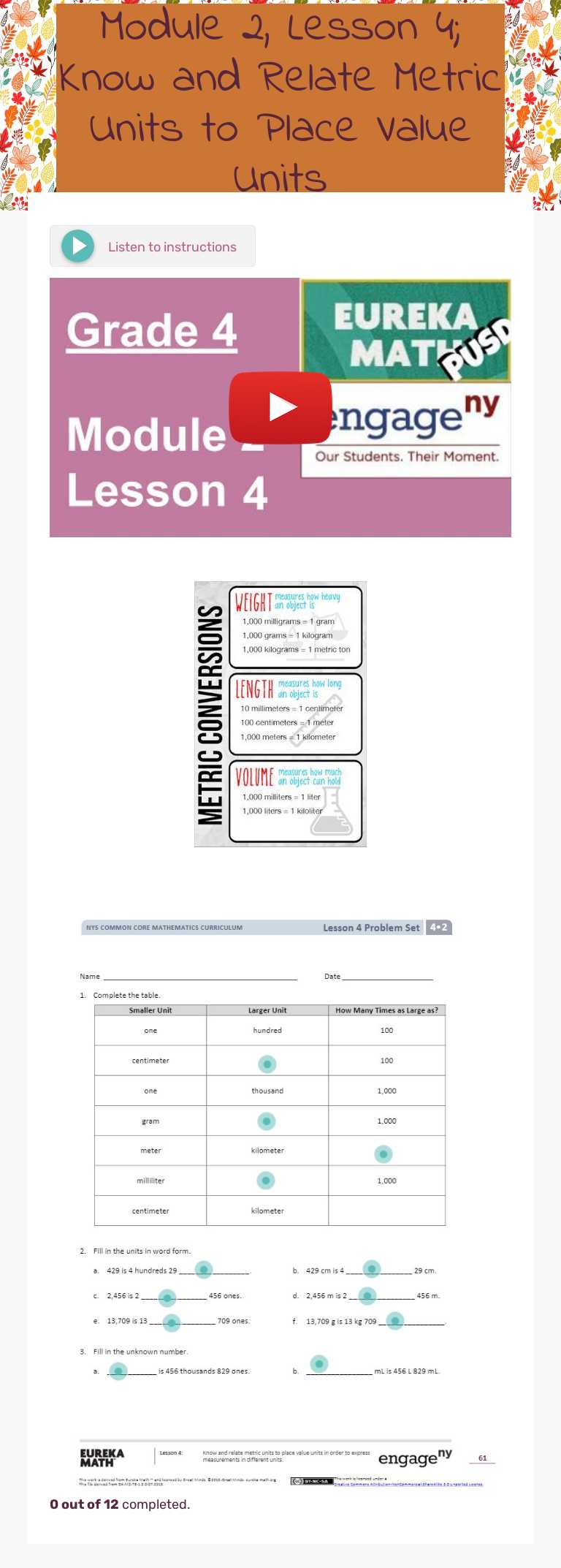 Module 2, Lesson 4; Know and Relate Metric Units to Place Value Units Grade 4 worksheet preview