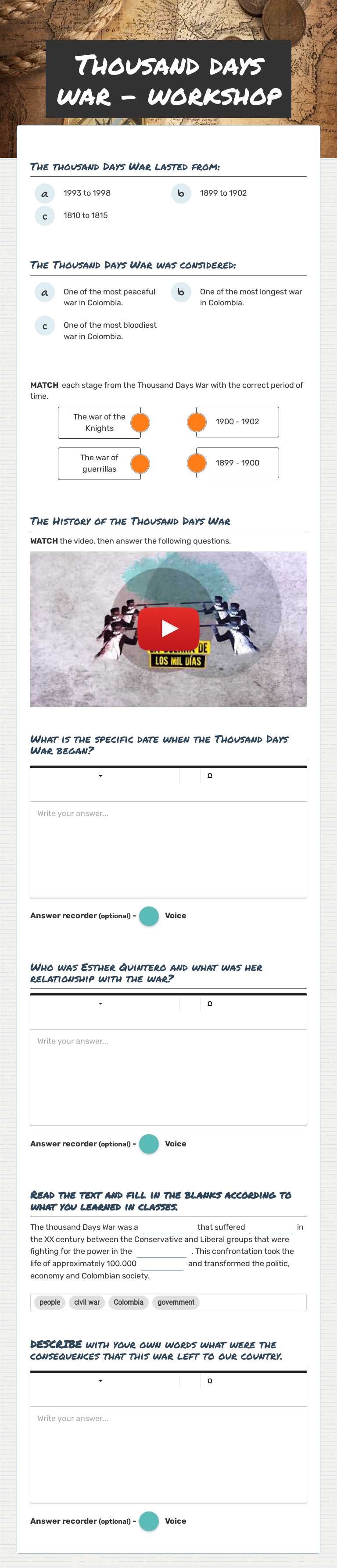 Thousand days war - workshop worksheet preview image