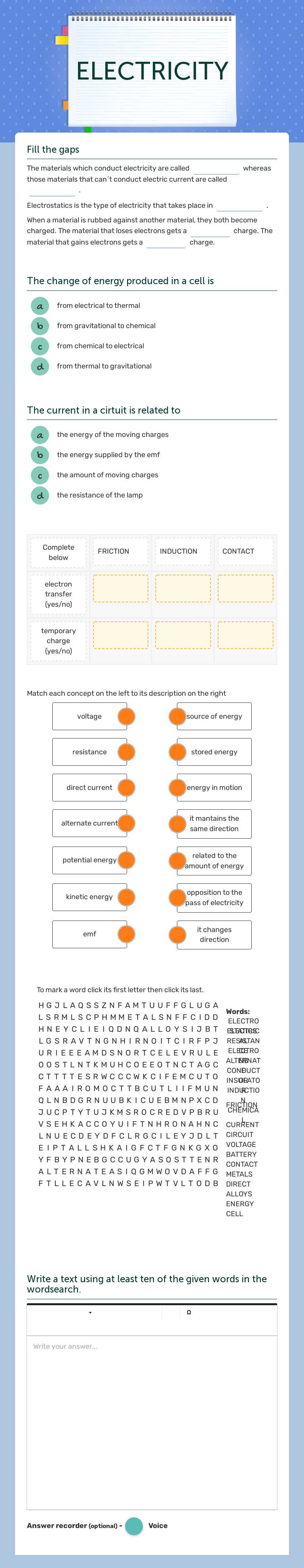 ELECTRICITY worksheet preview image
