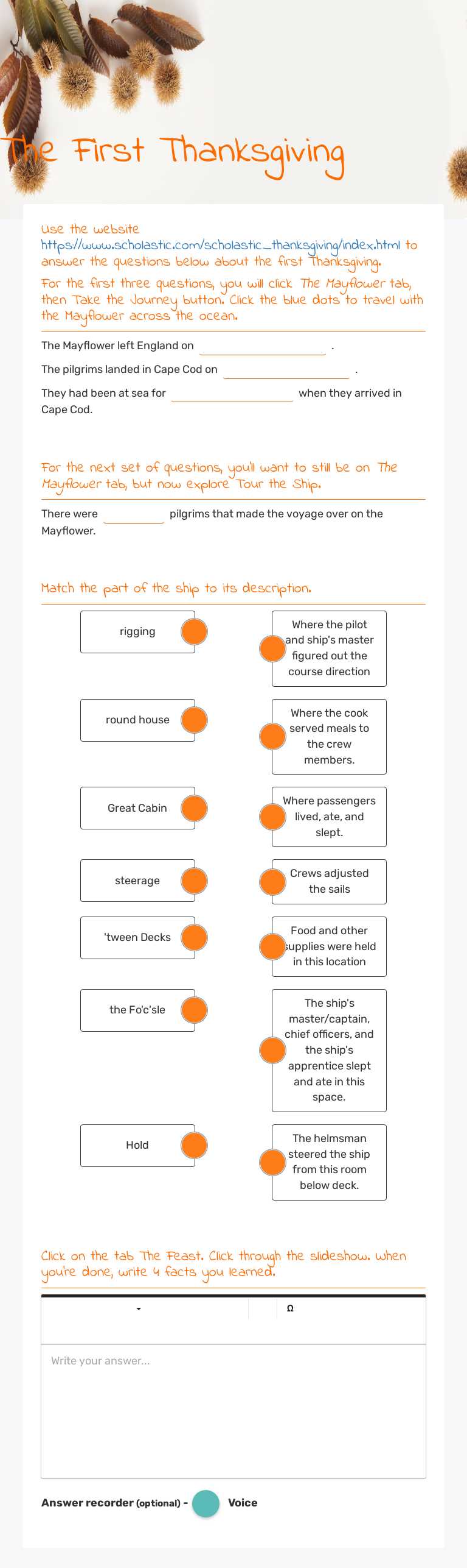 The First Thanksgiving worksheet preview image