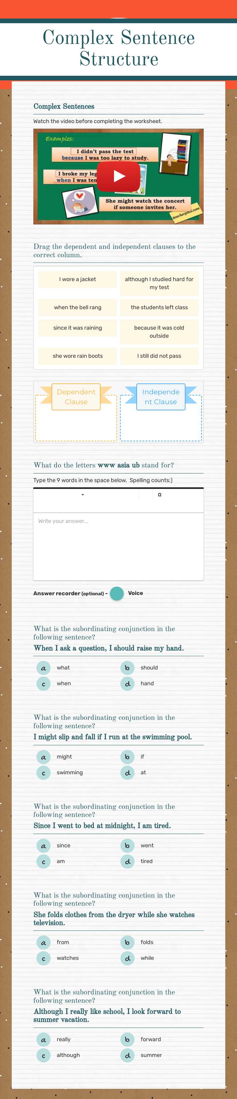Complex Sentence Structure worksheet preview image